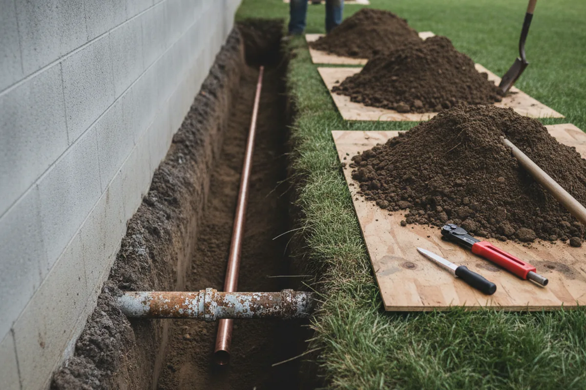 Excavated water line trench during Water Softener Installation in Beloit